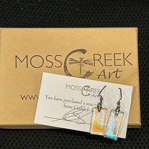 Moss Creek Art Iridescent Dichroic Glass Rectangle Earrings - Yellow Blue